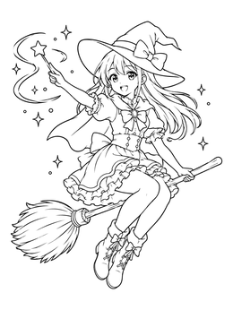An anime witch coloring page featuring a cheerful magical girl flying on a broom.