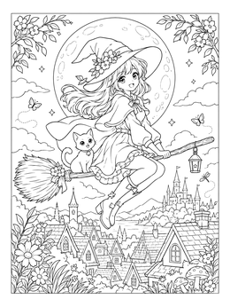 Free printable Anime Witch Flying Under The Moon coloring page