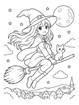 Free printable Anime Witch Flying On Broomstick coloring page