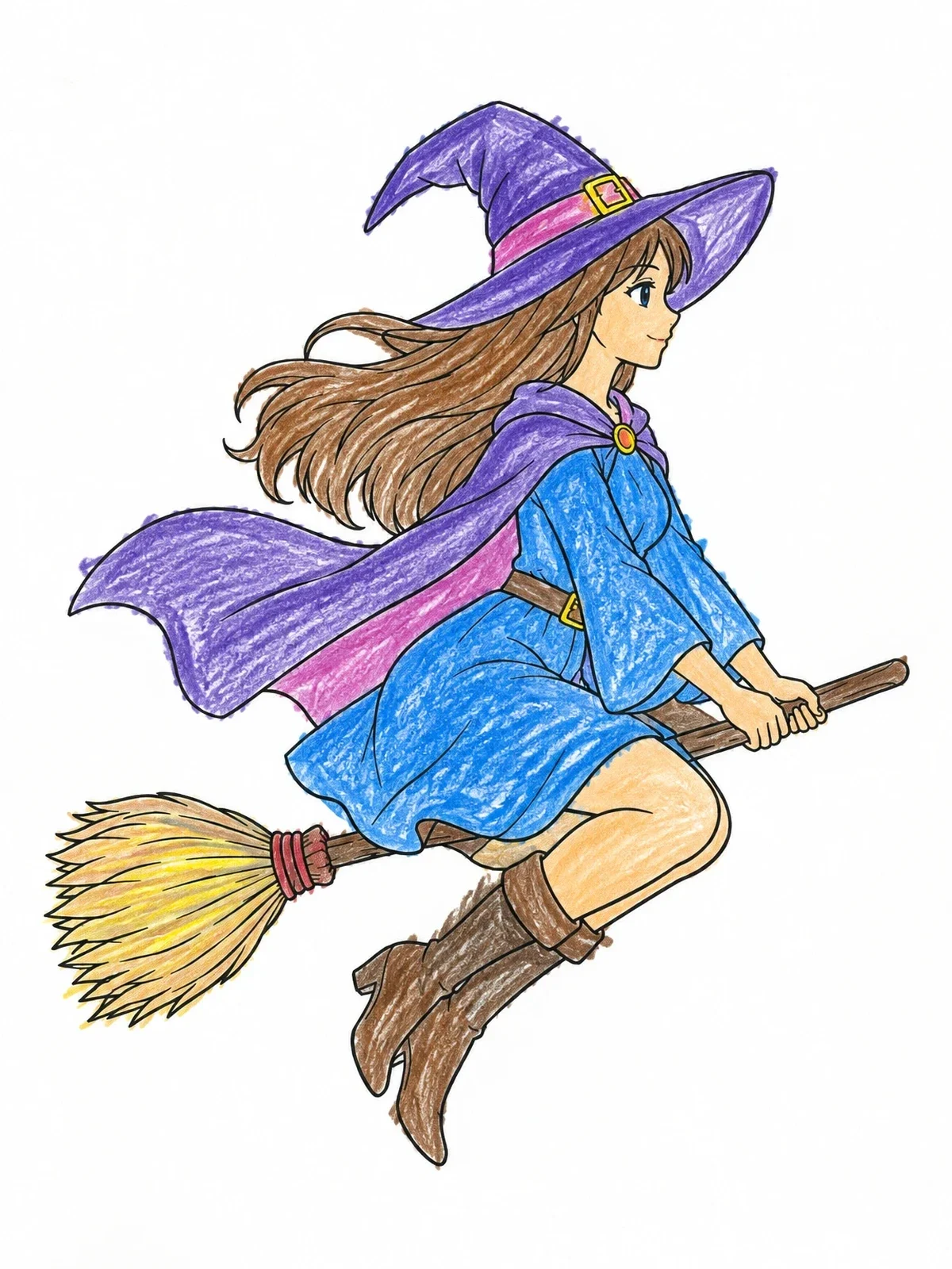 Colored example of the Anime Witch Flying On Broom coloring page
