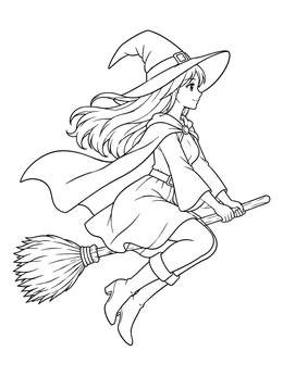 An anime witch coloring page featuring a young witch flying through the air on her broomstick.
