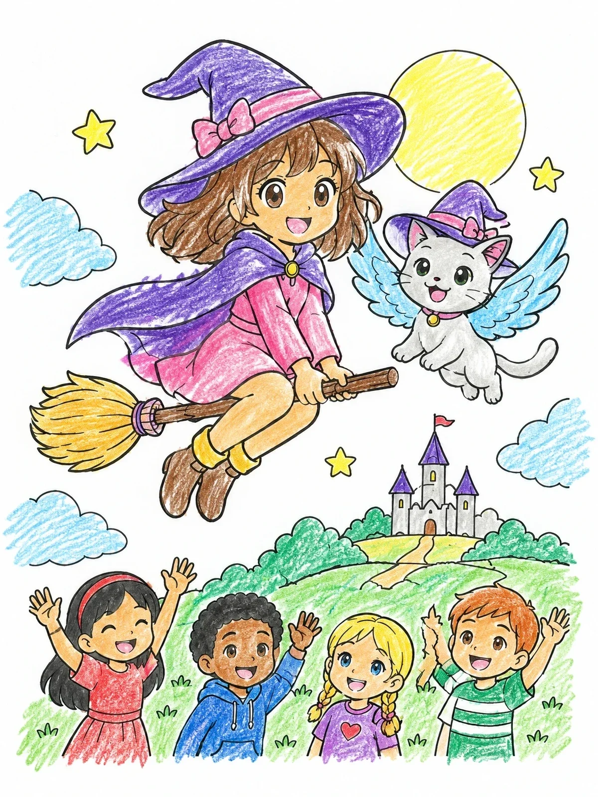Colored example of the Anime Witch Flying Over Cheering Friends coloring page