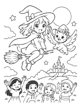 A cheerful anime witch coloring page showing a girl on a broomstick with a winged cat over a fairy tale village.