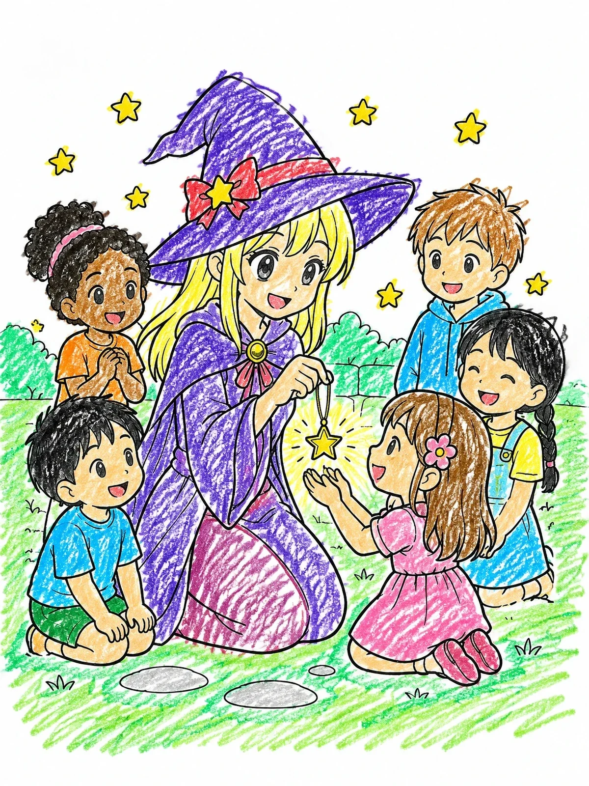 Colored example of the Kind Witch Sharing A Star Pendant coloring page
