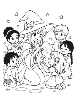 Free printable Kind Witch Sharing A Star Pendant coloring page
