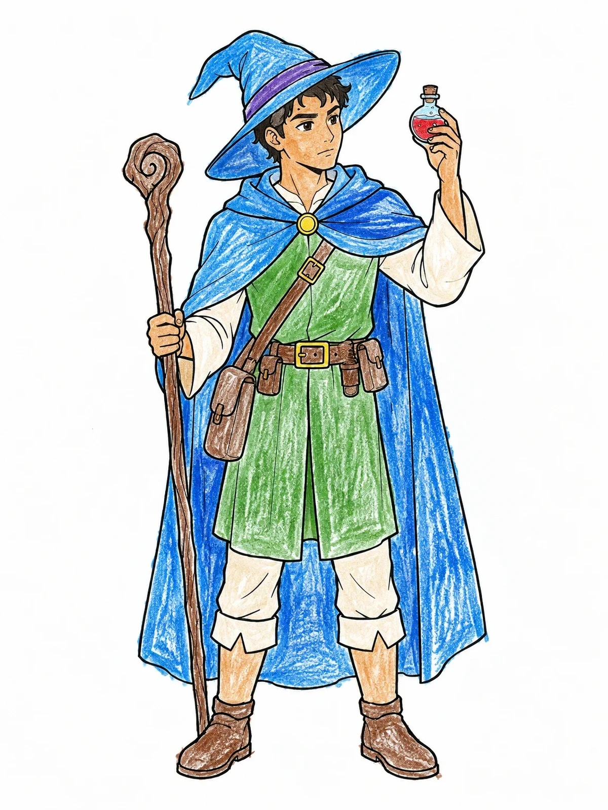 Colored example of the Young Anime Mage With Staff And Potion coloring page
