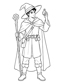 An anime witch coloring page featuring a young mage holding a staff and potion bottle.