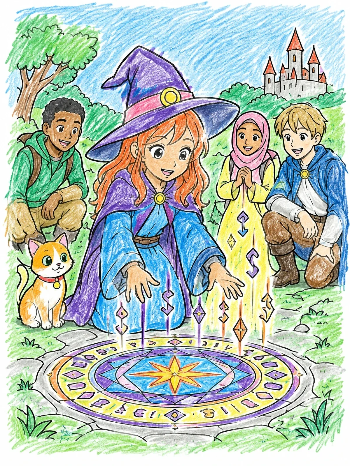 Colored example of the Anime Witch Conjuring A Magic Rune coloring page