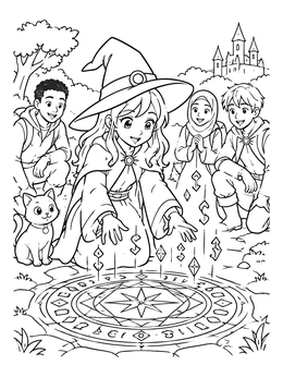 Free printable Anime Witch Conjuring A Magic Rune coloring page
