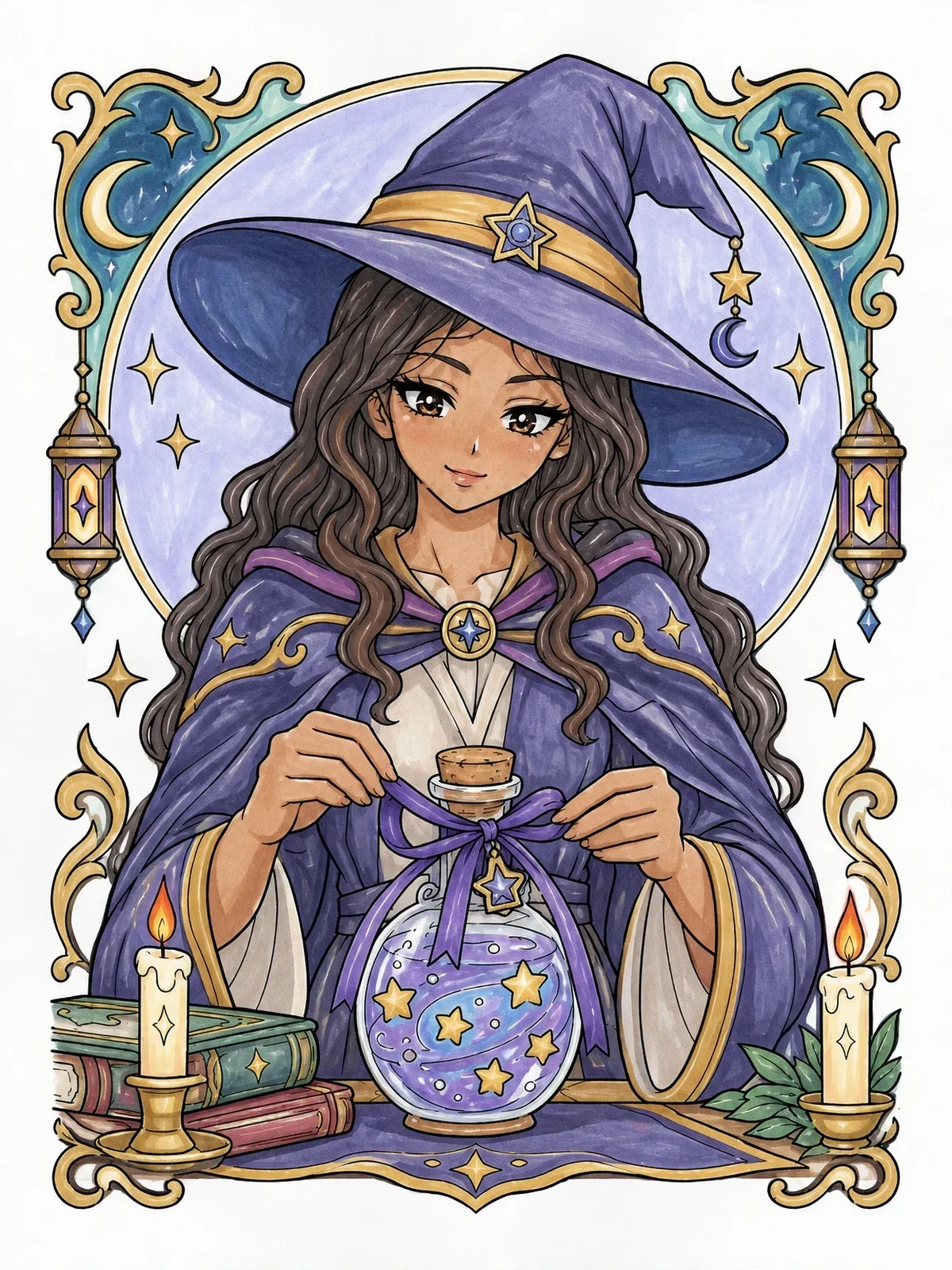 Colored example of the Anime Witch Tying A Potion Bottle Ribbon coloring page