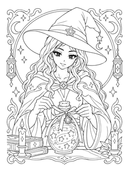 An anime witch coloring page featuring a magical girl tying a ribbon on a glowing star potion bottle.