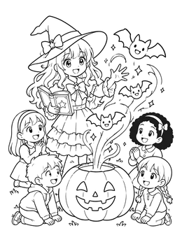 Free printable Anime Witch Summoning Bats With Children coloring page