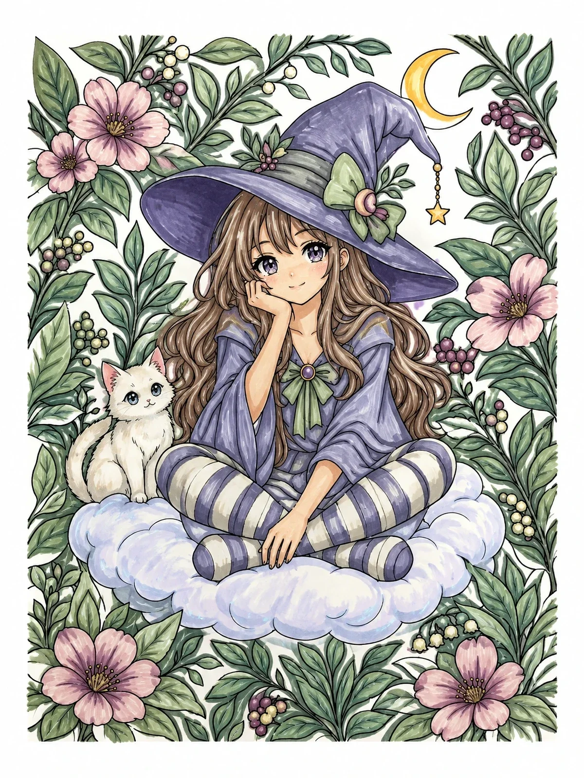 Colored example of the Anime Witch On A Cloud coloring page