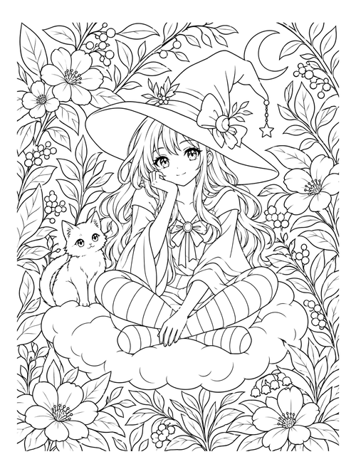 Anime Witch on a Cloud coloring page