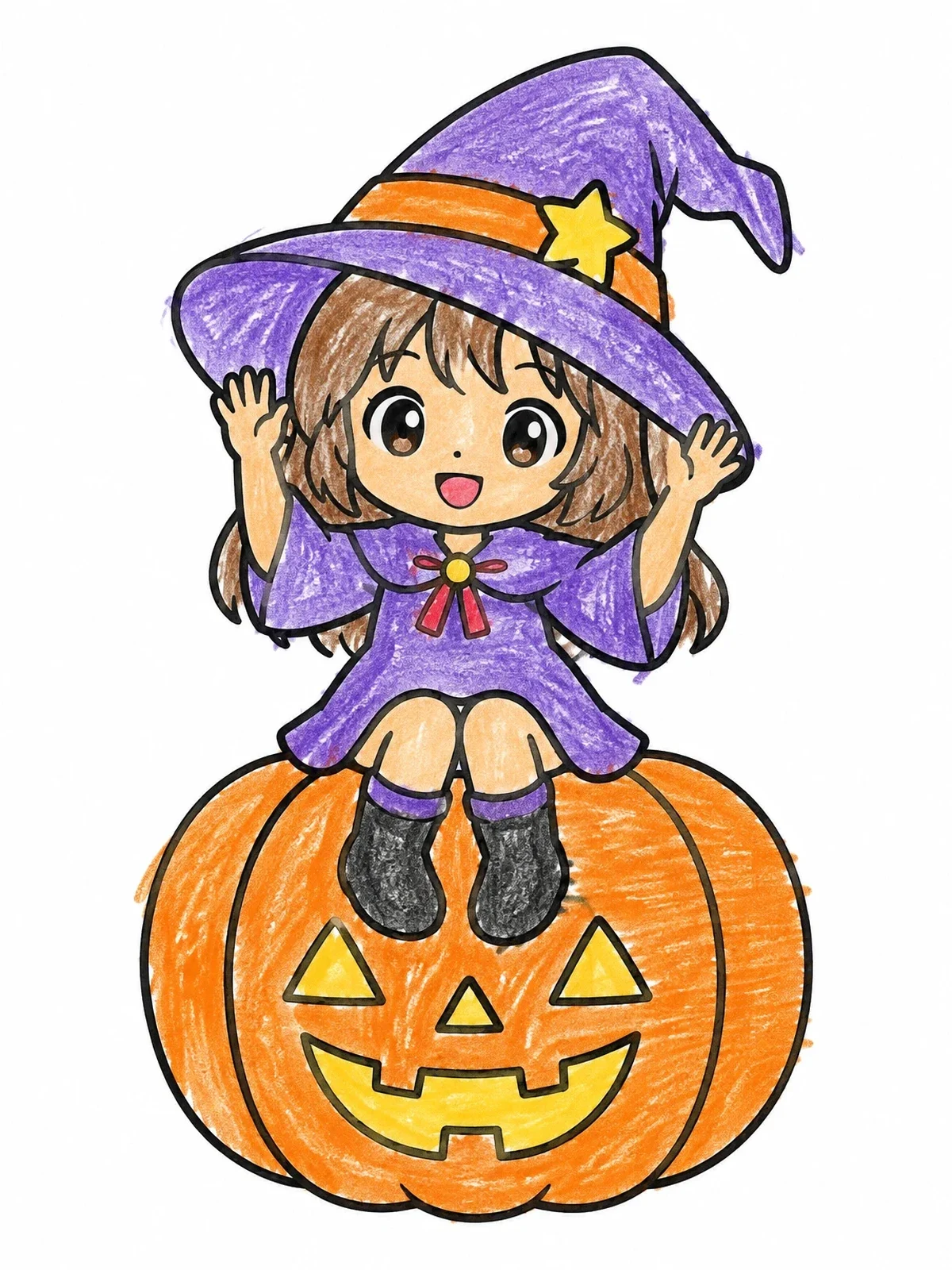 Colored example of the Little Anime Witch On Pumpkin coloring page