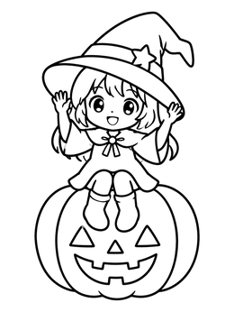 Free printable Little Anime Witch On Pumpkin coloring page