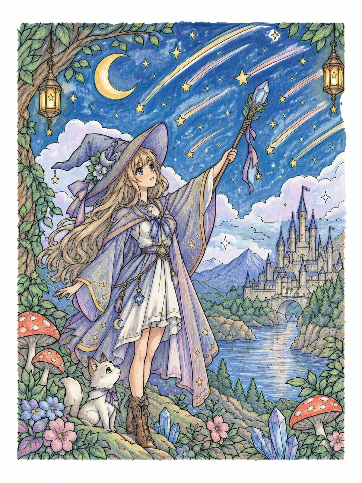 Colored example of the Anime Witch Summoning Falling Stars coloring page