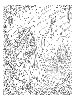 An anime witch coloring page featuring a girl casting stars over a fantasy castle.