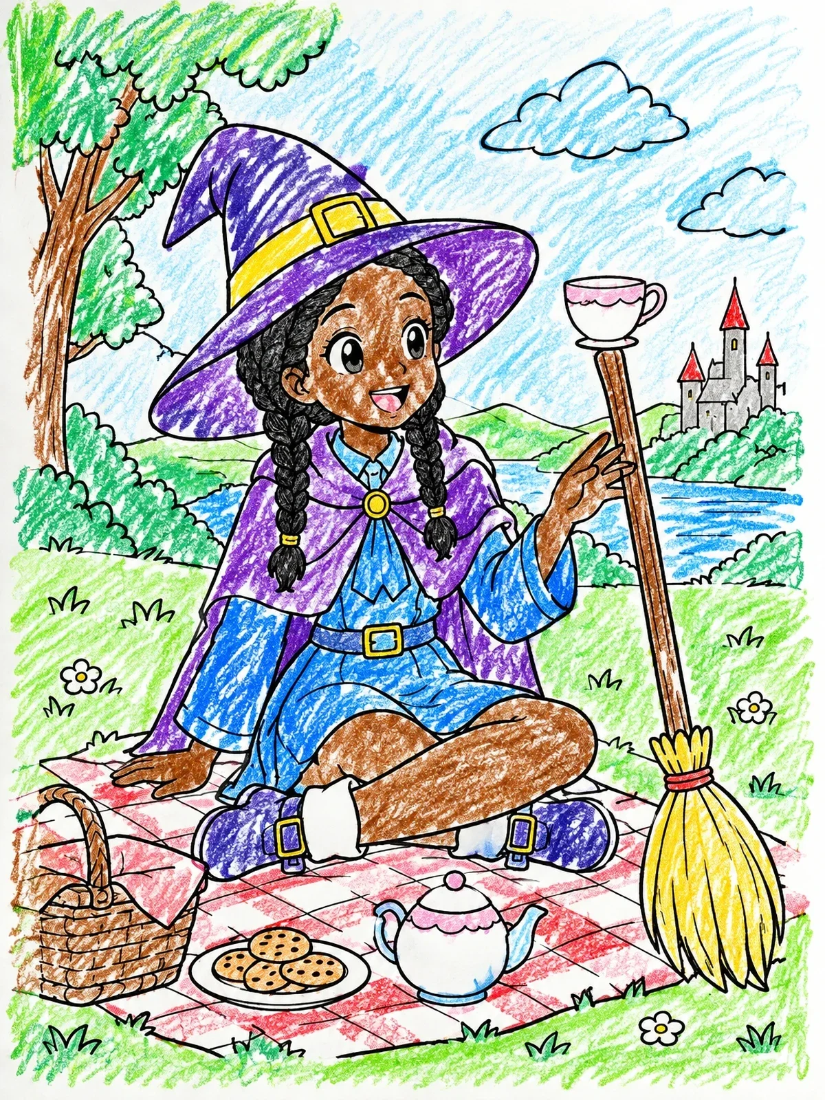 Colored example of the Anime Witch Having A Tea Picnic coloring page