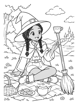 Free printable Anime Witch Having A Tea Picnic coloring page