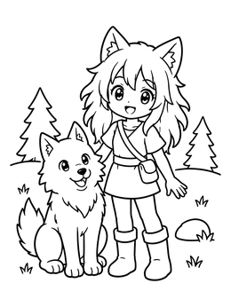 A cheerful anime girl coloring page featuring a wolf girl standing outdoors with her friendly dog companion.
