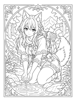 An anime girl coloring page featuring a wolf girl cupping water at a stream.