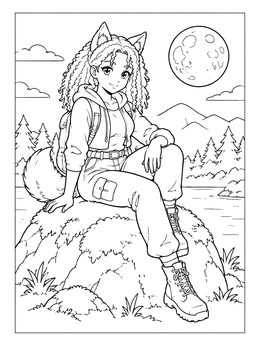 An anime girl coloring page featuring a wolf girl sitting on a rock under a full moon in nature.