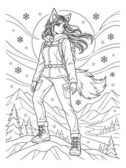 An anime girl coloring page featuring a wolf girl hiker on a snowy mountain ridge.