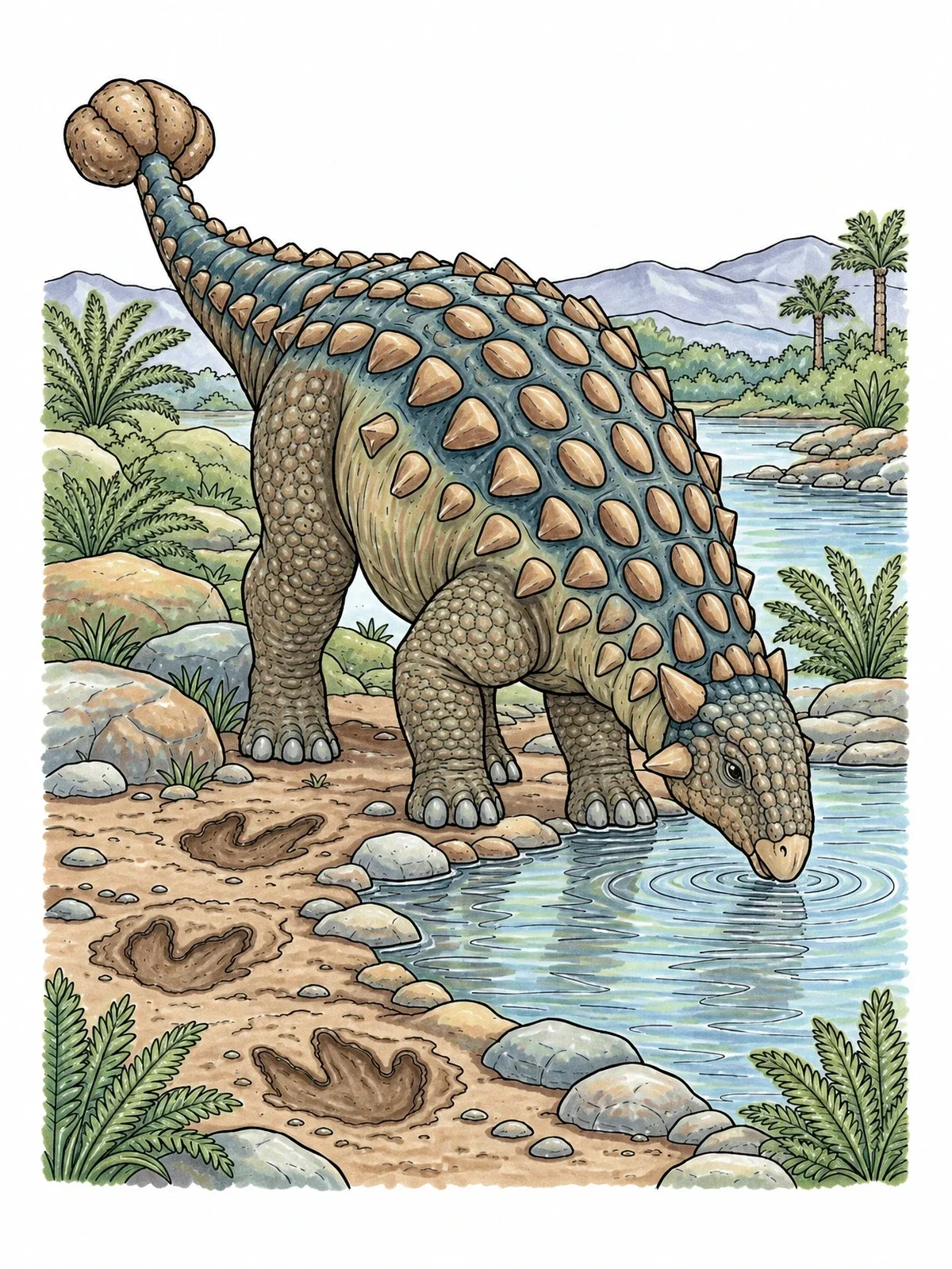 Colored example of the Ankylosaurus Drinking At The Prehistoric Waterhole coloring page