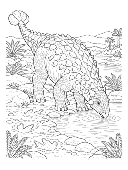 An armored ankylosaurus coloring page showing the dinosaur drinking water near footprints.
