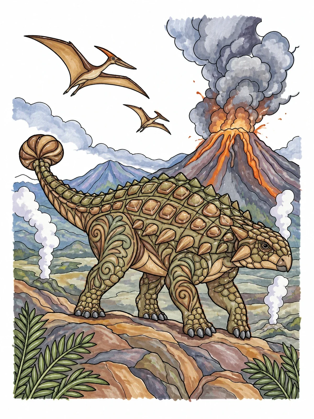 Colored example of the Ankylosaurus By An Erupting Volcano coloring page