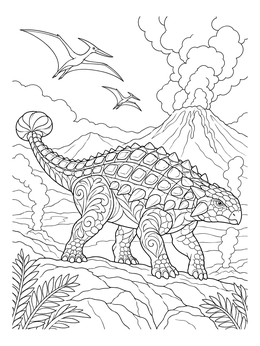 Detailed ankylosaurus coloring page showing the armored dinosaur near an erupting volcano with pterosaurs.