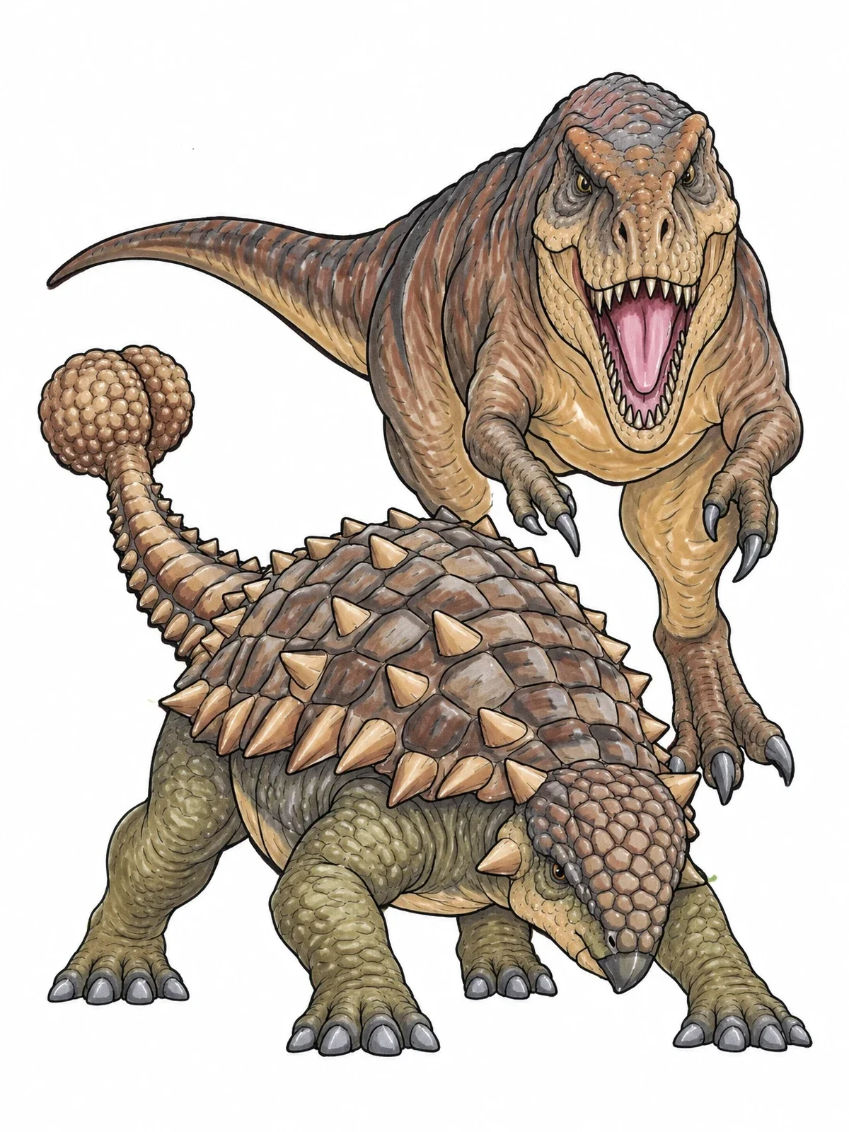 Colored example of the Ankylosaurus Facing A Roaring Tyrannosaur coloring page