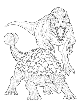 An armored ankylosaurus coloring page with a fierce predator roaring behind it.