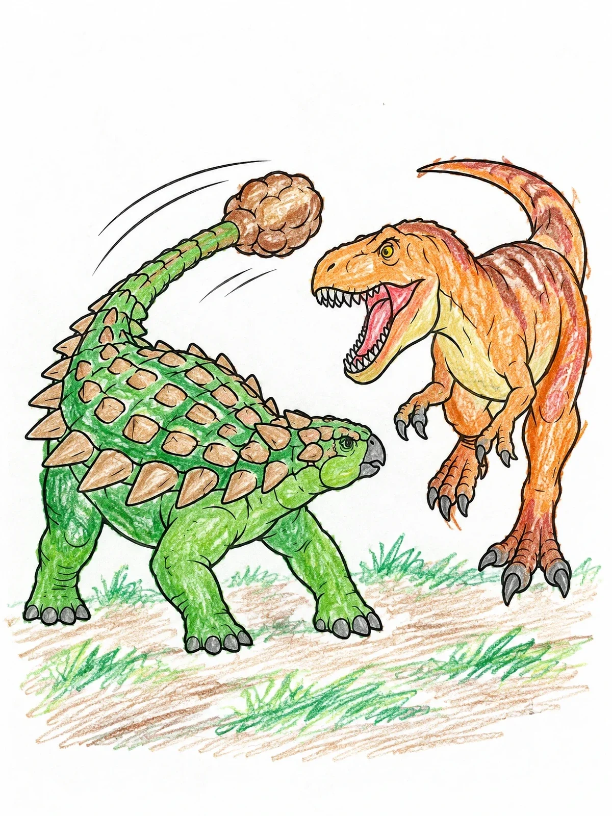 Colored example of the Ankylosaurus Defending Against Theropod Predator coloring page