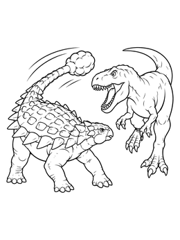 An armored ankylosaurus coloring page featuring a dramatic confrontation with a predatory dinosaur.