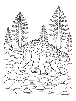 An armored ankylosaurus coloring page featuring a prehistoric forest and a rocky stream.