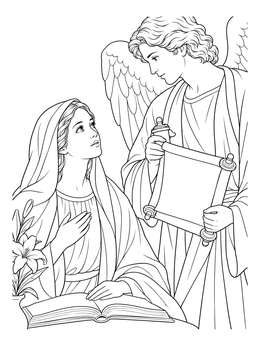 Angel Gabriel presents a scroll to Mary in this annunciation coloring page.