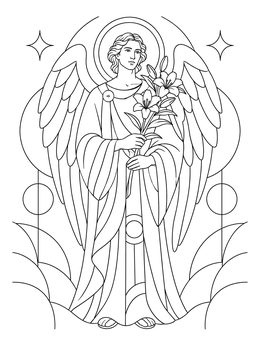 An annunciation coloring page featuring the Archangel Gabriel holding lilies with patterned wings.