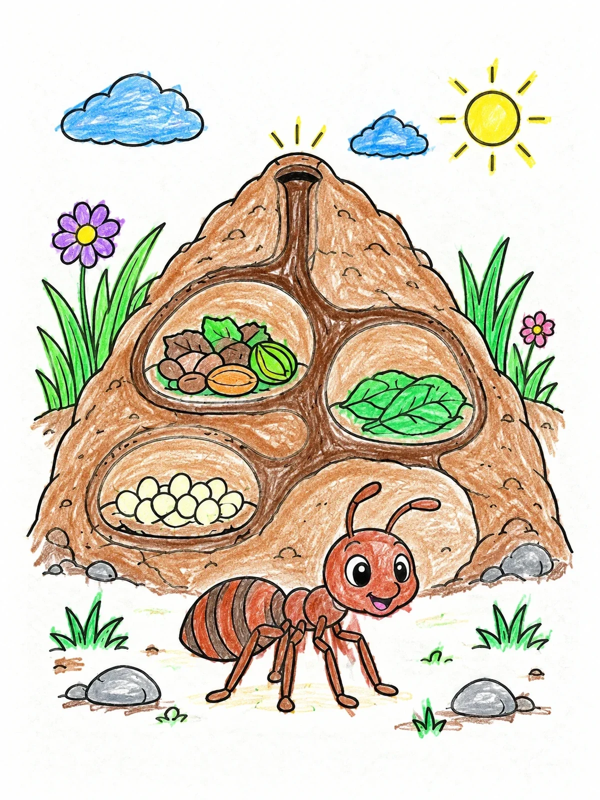 Colored example of the Anthill Cross Section With Cheerful Ant coloring page