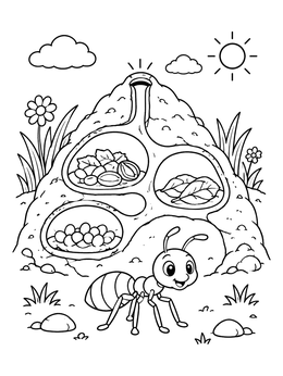 A friendly ant coloring page showing the inside tunnels of an anthill on a sunny day.