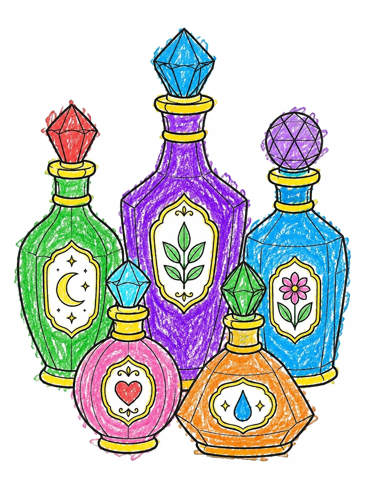 Colored example of the Antique Magic Potion Flasks coloring page