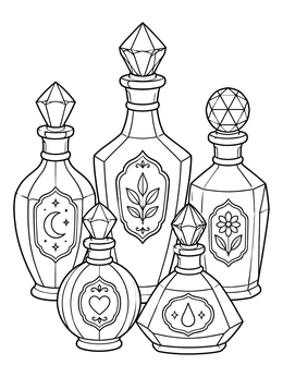 An antique potion bottle coloring page featuring five decorative elixir flasks with faceted stoppers.
