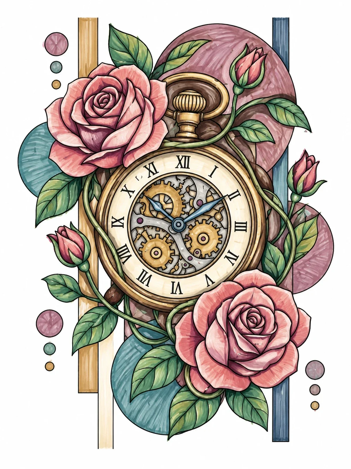 Colored example of the Antique Pocket Watch With Blooming Roses coloring page