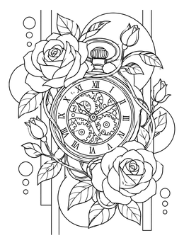 An intricate roses coloring page featuring an antique pocket watch framed by blooming flowers and leaves.