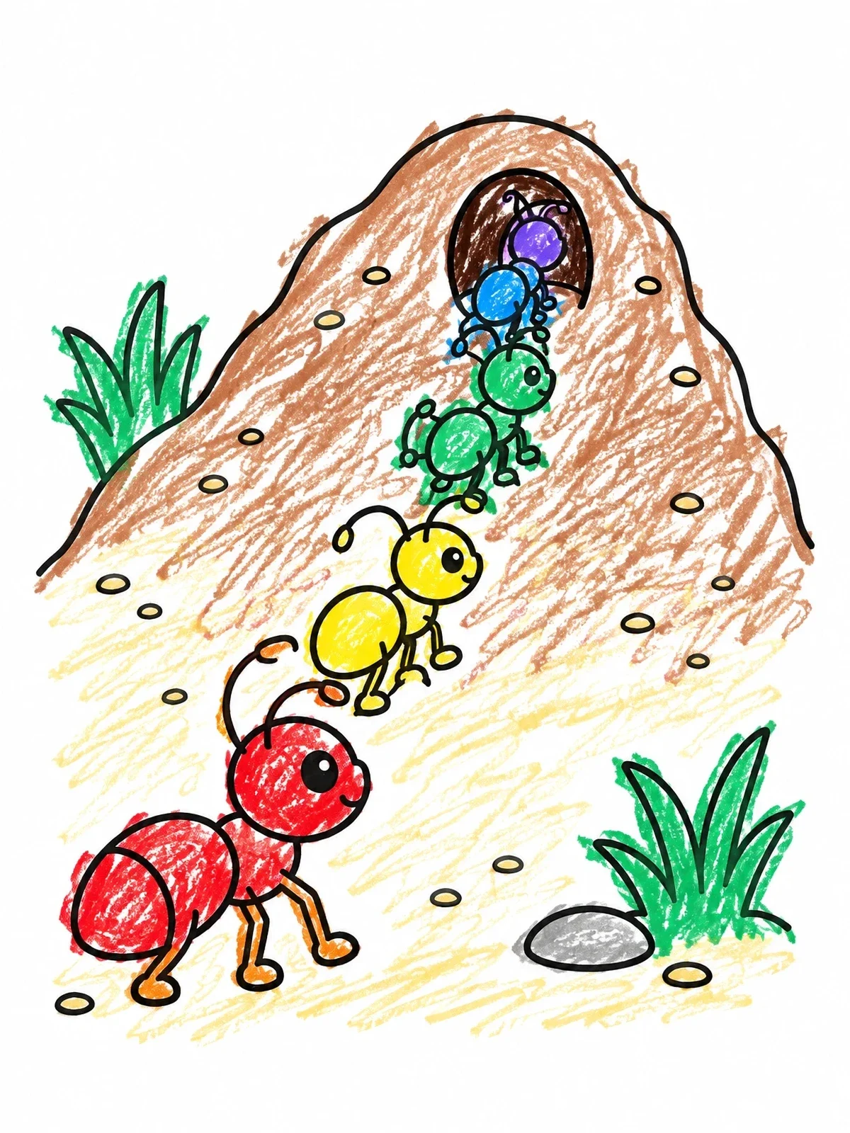 Colored example of the Cheerful Ants Marching Up An Anthill coloring page