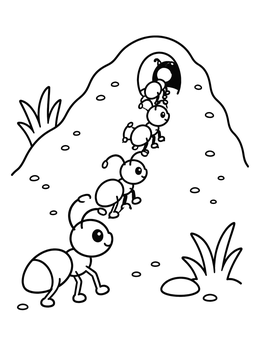 A sweet ant coloring page showing cute cartoon ants marching into an anthill entrance.