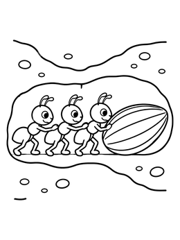 Three cartoon ants roll a large seed in this ant coloring page.