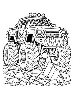An armored apocalyptic monster truck coloring page rolling over concrete rubble.