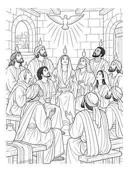 A detailed pentecost sunday coloring page showing the apostles gathered as tongues of fire and a dove appear.